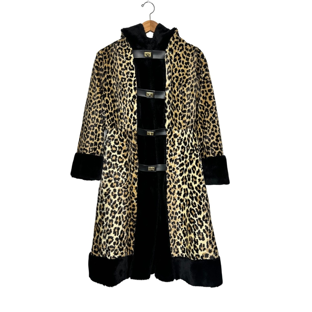 Vintage Faux Fur Coat Leopard Print Hooded Longline 60s Size M Turn Lock Closure
